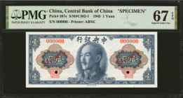 (t) CHINA--REPUBLIC. Central Bank of China. 1 Yuan, 1945. P-387s. Specimen. PMG Superb Gem Uncirculated 67 EPQ.

(S/M#C302-1). Printed by ABNC. Chia...