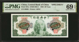 (t) CHINA--REPUBLIC. Central Bank of China. 20 Yuan, 1945. P-391s. Specimen. PMG Superb Gem Uncirculated 69 EPQ.

(S/M#C302-5). A nearly perfect gra...
