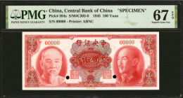 (t) CHINA--REPUBLIC. Central Bank of China. 100 Yuan, 1945. P-394s. Specimen. PMG Superb Gem Uncirculated 67 EPQ.

(S/M#C302-8). Printed by ABNC. Co...