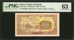 CHINA--PEOPLE'S REPUBLIC. People's Bank of China. 10 Yuan, 1949. P-817a. PMG Choice Uncirculated 63.

(S/M#C282). Block 123. Train passing factory a...