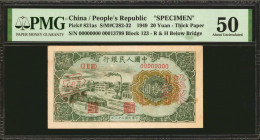 (t) CHINA--PEOPLE'S REPUBLIC. People's Bank of China. 20 Yuan, 1949. P-821as. Specimen. PMG About Uncirculated 50.

(S/M#C282-32). Block 123. R&H be...