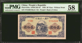 (t) CHINA--PEOPLE'S REPUBLIC. People's Bank of China. 20 Yuan, 1949. P-824a. PMG Choice About Uncirculated 58.

(S/M#C282-33). Block 123. Without wa...