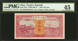 (t) CHINA--PEOPLE'S REPUBLIC. People's Bank of China. 50 Yuan, 1949. P-827a. PMG Choice Extremely Fine 45.

(S/M#C282-41). Block 123. A rare color v...