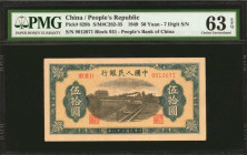 (t) CHINA--PEOPLE'S REPUBLIC. People's Bank of China. 50 Yuan, 1949. P-829b. PMG Choice Uncirculated 63 EPQ.

(S/M#C282-35). Block 931. 7 digit seri...