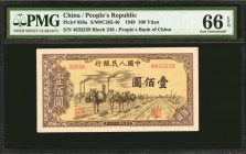 (t) CHINA--PEOPLE'S REPUBLIC. People's Bank of China. 100 Yuan, 1949. P-836a. PMG Gem Uncirculated 66 EPQ.

(S/M#C282-46). Block 246. High-end Gem e...