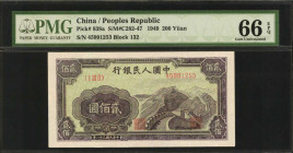 (t) CHINA--PEOPLE'S REPUBLIC. People's Bank of China. 200 Yuan, 1949. P-838a. PMG Gem Uncirculated 66 EPQ.

(S/M#C282-47). Block 132. The front of t...