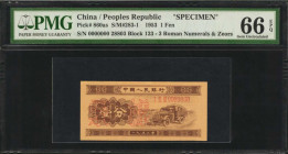 CHINA--PEOPLE'S REPUBLIC. People's Bank of China. 1 Fen, 1953. P-860as. Specimen. PMG Gem Uncirculated 66 EPQ.

(S/M#283-1). Block 123. 3 roman nume...
