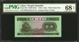 (t) CHINA--PEOPLE'S REPUBLIC. People's Bank of China. 2 Jiao, 1953. P-864. PMG Superb Gem Uncirculated 68 EPQ.

(S/M#C283-5). Block 791. Watermark o...
