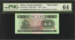 (t) CHINA--PEOPLE'S REPUBLIC. People's Bank of China. 2 Jiao, 1953. P-864s. Specimen. PMG Choice Uncirculated 64.

(S/M#C283-5). Block 123. Red spec...