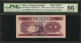 CHINA--PEOPLE'S REPUBLIC. People's Bank of China. 5 Jiao, 1953. P-865s. Specimen. PMG Gem Uncirculated 66 EPQ.

(S/M#C283-6). Block 123. Watermark o...