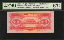 CHINA--PEOPLE'S REPUBLIC. People's Bank of China. 1 Yuan, 1953. P-866s. Specimen. PMG Superb Gem Uncirculated 67 EPQ.

(S/M#C283-10). Block 123. Red...