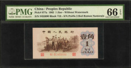 (t) CHINA--PEOPLE'S REPUBLIC. People's Bank of China. 1 Jiao, 1962. P-877a. PMG Gem Uncirculated 66 EPQ.

Block 719. Without watermark. Serial numbe...