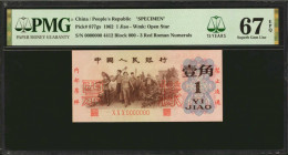 (t) CHINA--PEOPLE'S REPUBLIC. People's Bank of China. 1 Jiao, 1962. P-877gs. Specimen. PMG Superb Gem Uncirculated 67 EPQ.

Block 000. 3 red Roman n...