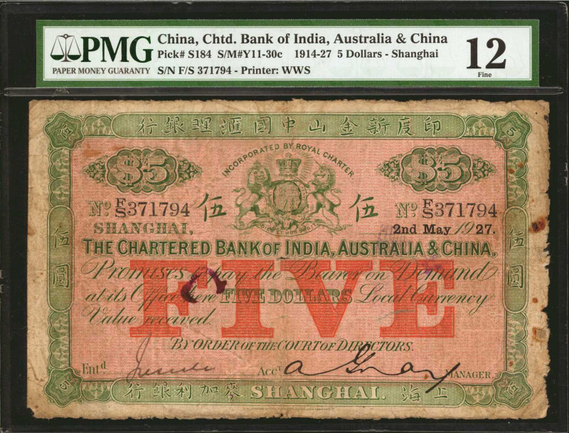 CHINA--FOREIGN BANKS. Chartered Bank of India, Australia & China. 5 Dollars, 191...