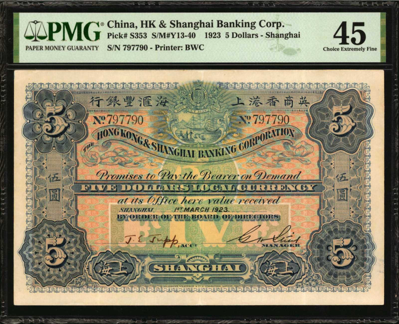 (t) CHINA--FOREIGN BANKS. HK & Shanghai Banking Corp. 5 Dollars, 1923. P-S353. P...