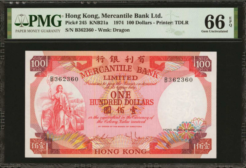 (t) HONG KONG. Mercantile Bank Limited. 100 Dollars, 1974. P-245. PMG Gem Uncirc...