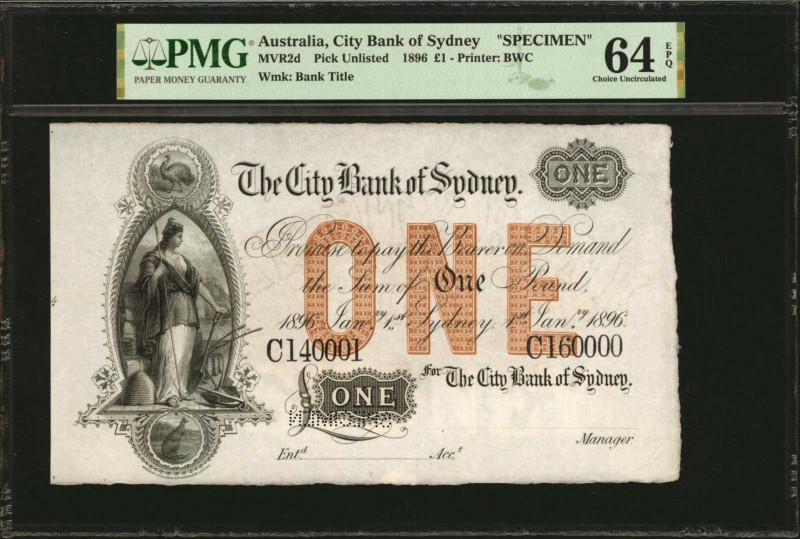 AUSTRALIA. City Bank of Sydney. 1 Pound, 1896. P-Unlisted. Specimen. PMG Choice ...