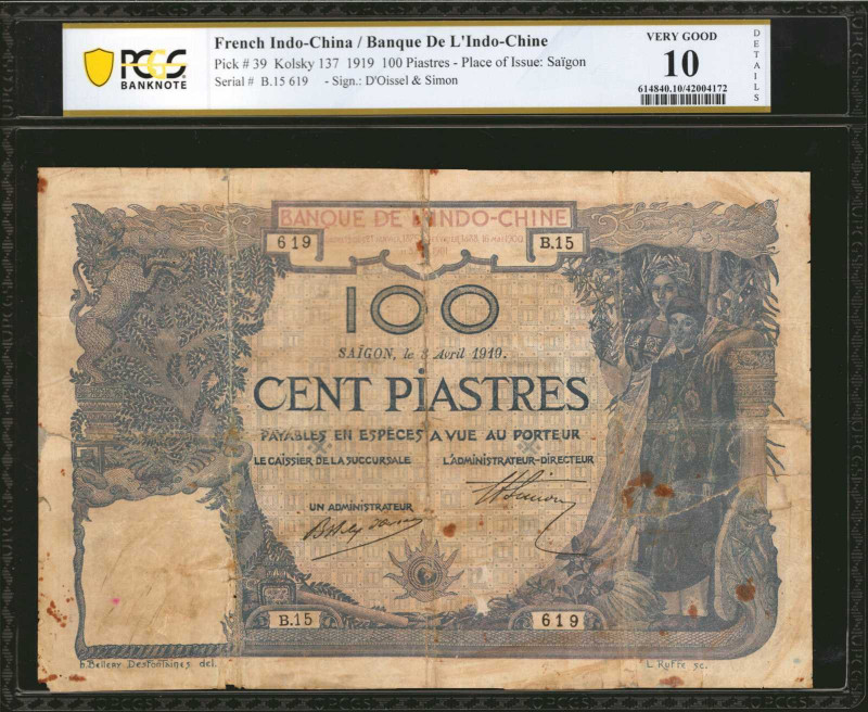 FRENCH INDO-CHINA. Banque de L'Indo-Chine. 100 Piastres, 1919. P-39. PCGS Bankno...