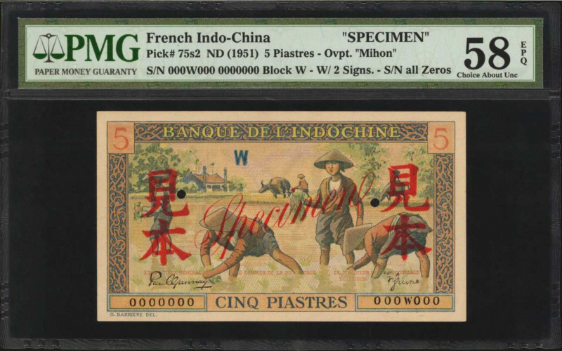 FRENCH INDO-CHINA. Specimen. 5 Piastres, ND (1951). P-75s2. PMG Choice About Unc...