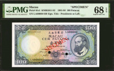 MACAU. Banco Nacional Ultramarino. 100 Patacas, 1981-84. P-61s1. Specimen. PMG Superb Gem Uncirculated 68 EPQ.

A lofty Superb Gem example of this 1...