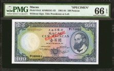 MACAU. Banco Nacional Ultramarino. 100 Patacas, 1981-84. P-61s2. Specimen. PMG Gem Uncirculated 66 EPQ.

Without signature title of Presidente at le...