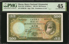 MACAU. Banco Nacional Ultramarino. 500 Patacas, 1981-84. P-62a. PMG Choice Extremely Fine 45.

Signature title of "Presidente" at left. Later 1984 d...