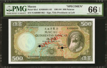 MACAU. Banco Nacional Ultramarino. 500 Patacas, 1981-84. P-62s1. Specimen. PMG Gem Uncirculated 66 EPQ.

Signature title of Presidente at left. Date...
