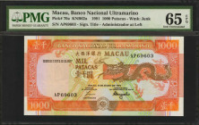 MACAU. Banco Nacional Ultramarino. 1000 Patacas, 1991. P-70a. PMG Gem Uncirculated 65 EPQ.

Watermark of Junk. Signature title of Administrator at l...