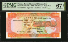MACAU. Banco Nacional Ultramarino. 1000 Patacas, 1991. P-70b. Binary Serial Number. PMG Superb Gem Uncirculated 67 EPQ.

Binary serial number of "00...