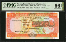MACAU. Banco Nacional Ultramarino. 1000 Patacas, 1991. P-70b. Radar Serial Number. PMG Gem Uncirculated 66 EPQ.

A radar serial number of "99899" fo...