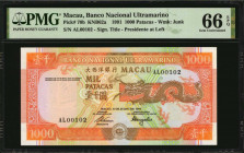 MACAU. Banco Nacional Ultramarino. 1000 Patacas, 1991. P-70b. PMG Gem Uncirculated 66 EPQ.

This Gem 1000 Patacas note is consecutive to the prior l...