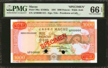 MACAU. Banco Nacional Ultramarino. 1000 Patacas, 1991. P-70bs. Specimen. PMG Gem Uncirculated 66 EPQ.

Watermark of Junk. Signature title of Preside...