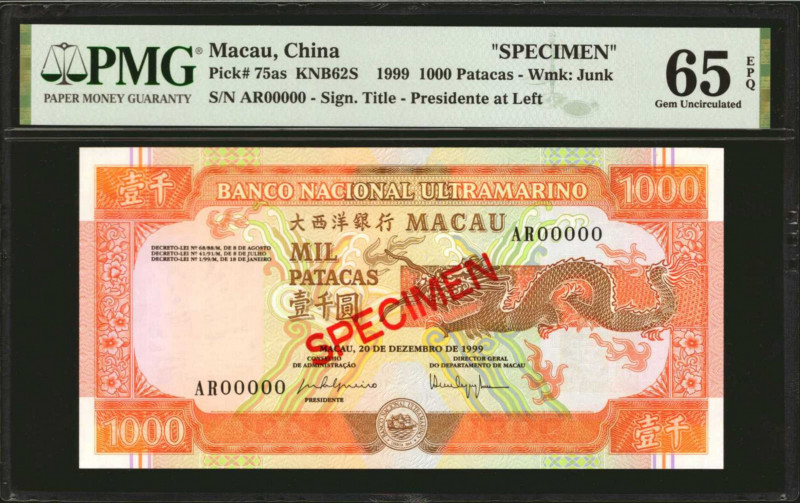 (t) MACAU. Banco Nacional Ultramarino. 1000 Patacas, 1999. P-75as. Specimen. PMG...