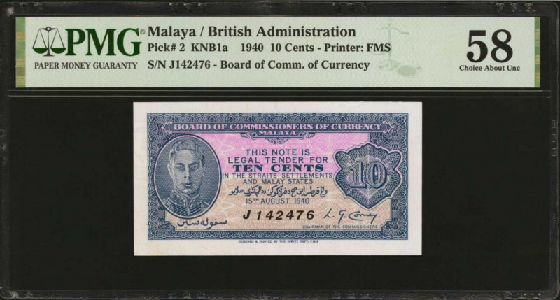 MALAYA. Board of Commissioners of Currency. 10 Cents, 1940. P-2. PMG Choice Abou...