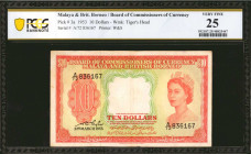 MALAYA AND BRITISH BORNEO. Board of Commissioners of Currency. 10 Dollars, 1953. P-3a. PCGS Banknote Very Fine 25.

Watermark of Tiger's Head. Color...