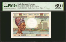 FRENCH SOMALILAND. Banque Centrale du Mali. 100 Francs, ND (1972-73). P-11. PMG Superb Gem Uncirculated 69 EPQ.

Signature #4. Watermark of man's he...