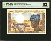 MALI. Banque Centrale du Mali. 5000 Francs, ND (1972-84). P-14e. PMG Choice Uncirculated 63.

Signature #8. Watermark of man's head.

Estimate: $4...