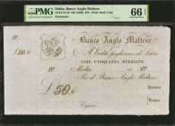 MALTA. Banco Anglo Maltese. 50 Pounds, ND (1880). P-S116r. Remainder. PMG Gem Uncirculated 66 EPQ.

Watermark of Bank Title. Remainder. PMG comments...