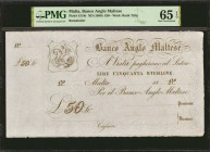 MALTA. Banco Anglo Maltese. 50 Pounds, ND (1880). P-S116r. Remainder. PMG Gem Uncirculated 65 EPQ.

Watermark of Bank Title. Remainder. A large form...