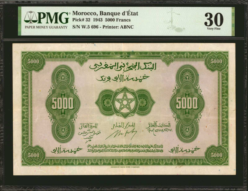 MOROCCO. Banque d'Etat du Maroc. 5000 Francs, 1943. P-32. PMG Very Fine 30.

A...