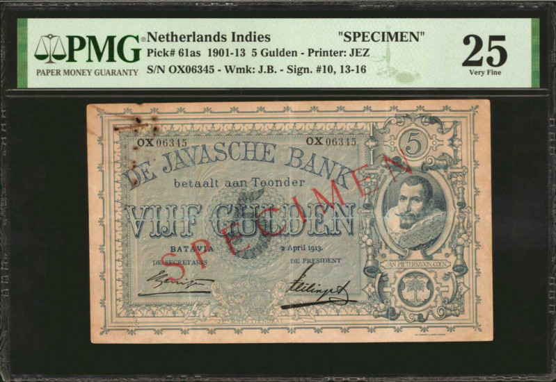 NETHERLANDS INDIES. De Javasche Bank. 5 Gulden, 1901-13. P-61as. Specimen. PMG V...