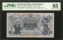 NETHERLANDS INDIES. De Javasche Bank. 10 Gulden, 1939. P-79c. PMG Choice Uncirculated 63.

Printed by JEZ. Watermark of Wavy Lines. Signature #26. T...