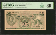 NETHERLANDS NEW GUINEA. Dutch Administration. 25 Gulden, 1950. P-8a. PMG Very Fine 30.

Printed by JEZ. Queen Juliana is seen at left, with a Bird o...