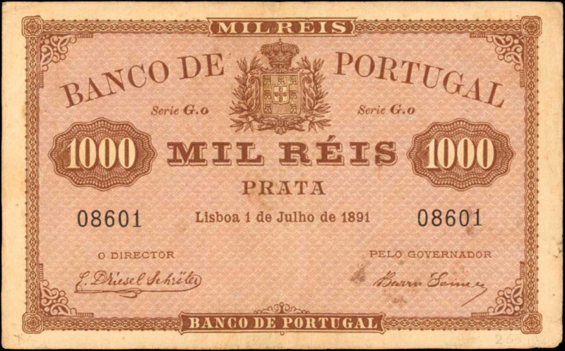 PORTUGAL. Banco de Portugal. 1000 Reis, 1891. P-66. Very Fine.

Arms at top ce...