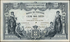 PORTUGAL. Banco de Portugal. 100 Mil Reis, 1908. P-78. Choice Fine.

Watermark of allegorical heads. Arms at lower center with allegorical figures a...