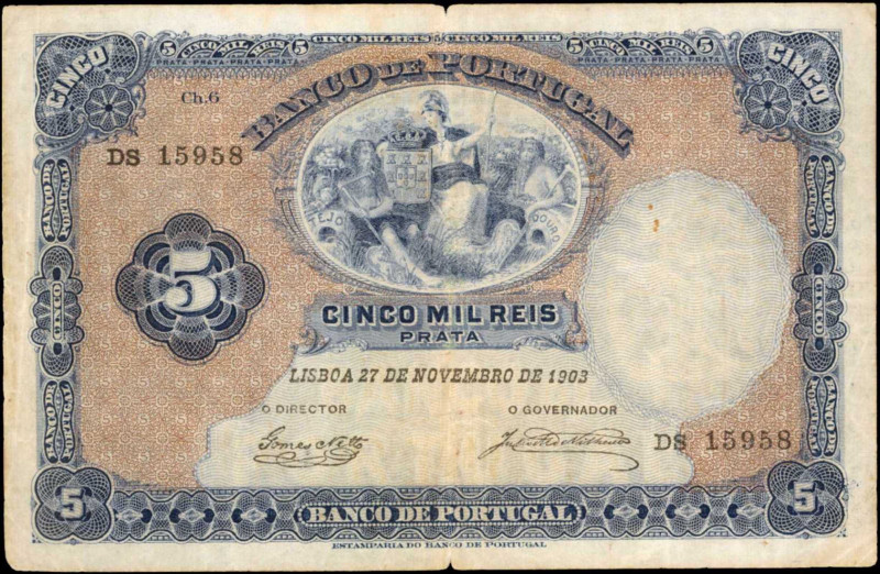 PORTUGAL. Banco de Portugal. 5 Mil Reis, 1903. P-83. Choice Fine.

A Choice Fi...