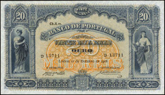 PORTUGAL. Banco de Portugal. 20 Mil Reis, 1906. P-84. Choice About Uncirculated.

Watermark of Bank Title. October 12, 1906 date. The reverse depict...