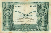 PORTUGAL. Banco de Portugal. 20 Mil Reis, 1909. P-109. Choice Fine.

Black "Republica" overprint on face at bottom, with blue overprint on back at u...