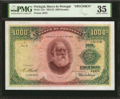 PORTUGAL. Banco de Portugal. 1000 Escudos, 1922-26. P-131s. Specimen. PMG Choice Very Fine 35.

Printed by BWC. Cancelled perforated. Dated April 27...