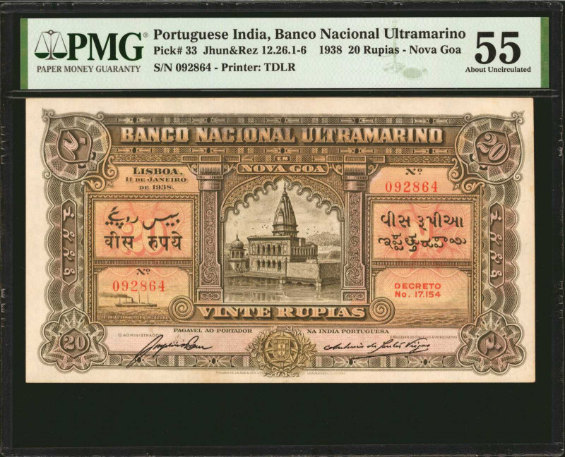 PORTUGUESE INDIA. Banco Nacional Ultramarino. 20 Rupias, 1938. P-33. PMG About U...